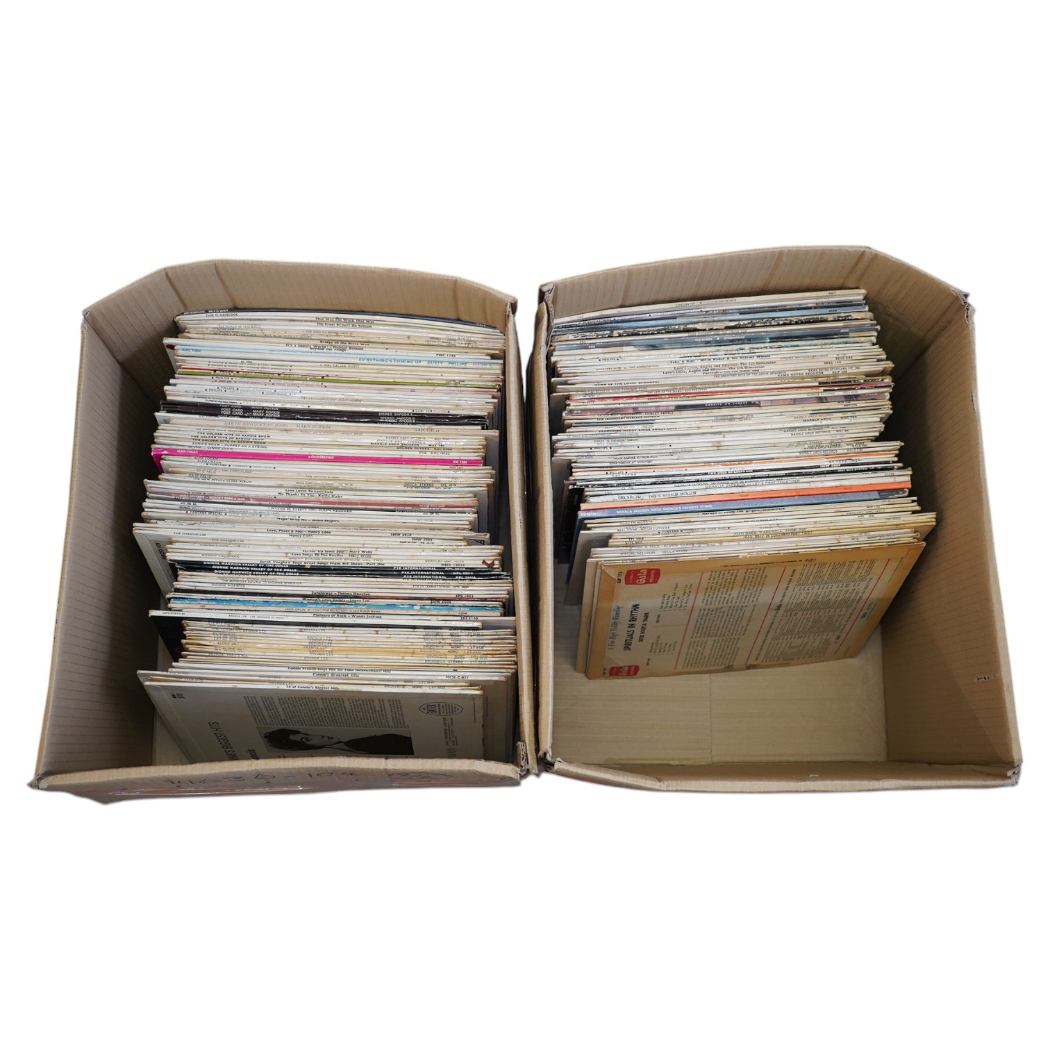 Two boxes of LP record albums, artists include; Chicory Tip, the Byrds, The Fifth Dimension, Lovin’ Spoonful, the Mamas & The Papas, Nancy Sinatra, Francoise Hardy, Nina Simone, Laura Lee, Wanda Jackson, Joan Baez, Mary